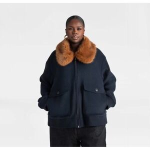 KBB by‎ KAHLANA Women's 'The Faux Fur Collar Bomber' - Navy Blue/Teddy